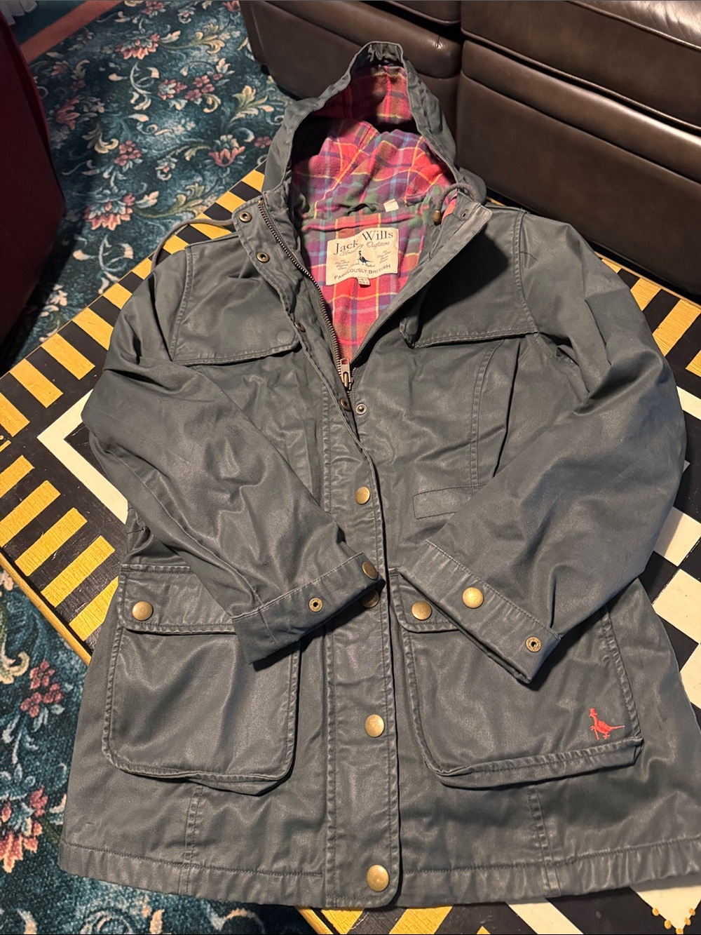 Jack Wills Olive Green Utility Jacket with Red Plaid Lining